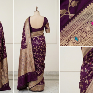 exquisite wine purple meenakari satin silk banarasi saree